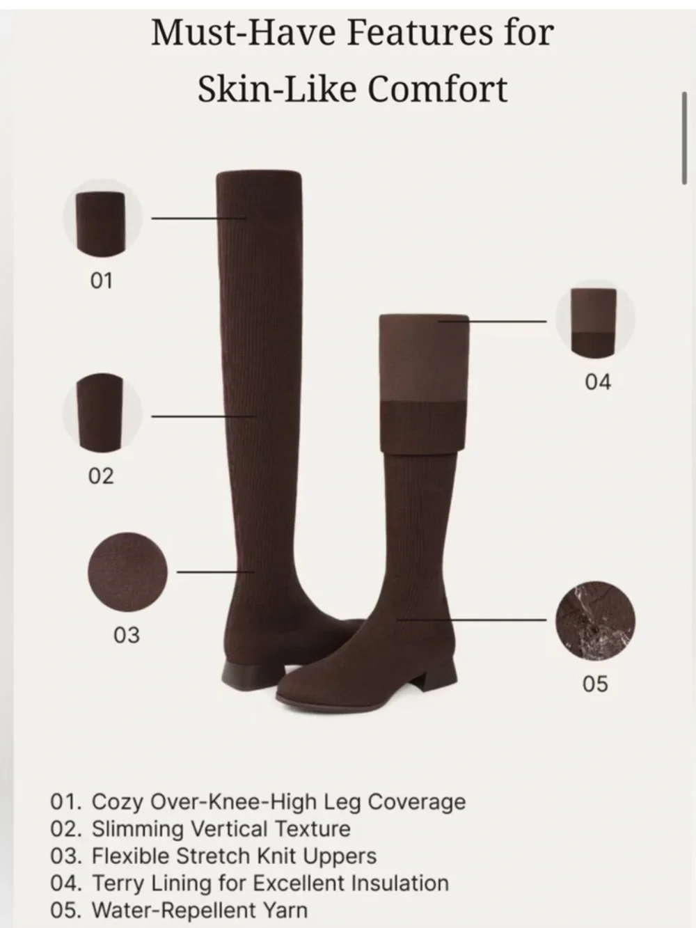 Vivaia Madeline Round-Toe Water-Repellent Wool Over-the-Knee Boots Brown 10.5/42